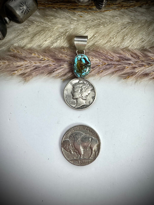 Waterweb Kingman Turquoise and 1943 Mercury Dime Pendant