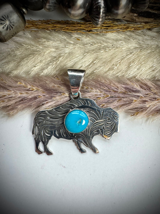 Silver Buffalo with Turquoise Stone Pendant