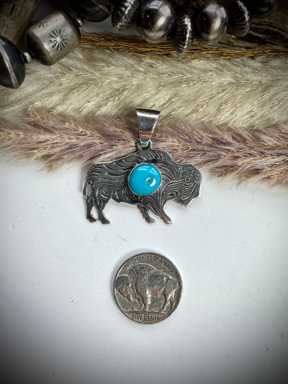 Silver Buffalo with Turquoise Stone Pendant