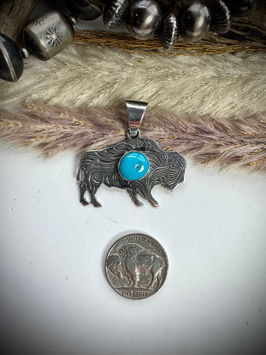 Silver Buffalo with Turquoise Stone Pendant
