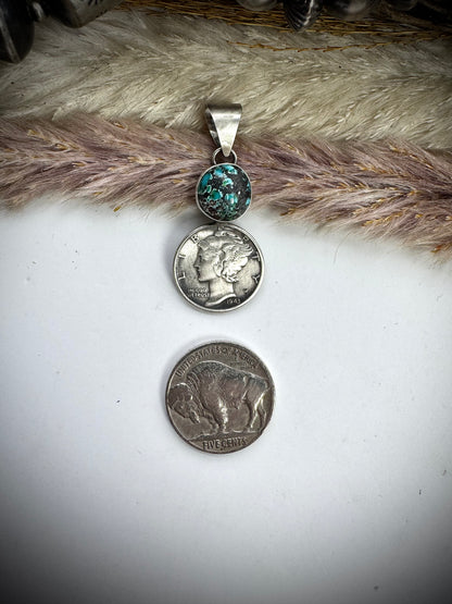 Blue Moon Turquoise and 1943 Mercury Dime Pendant