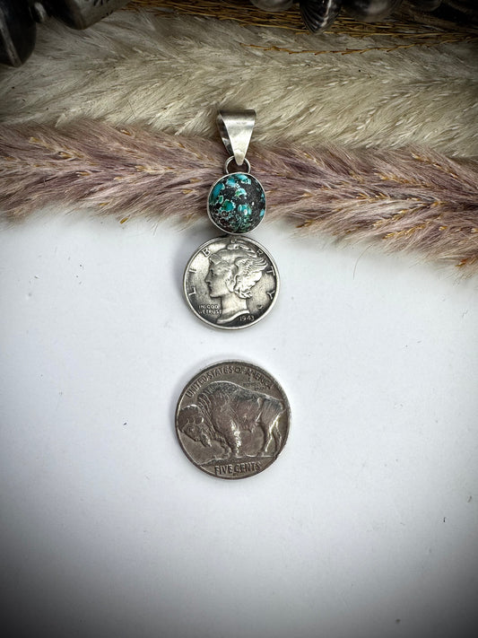 Blue Moon Turquoise and 1943 Mercury Dime Pendant
