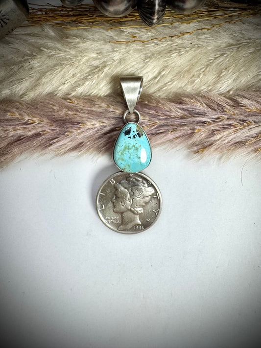 Blue Moon Turquoise and 1944 Mercury Dime Pendant