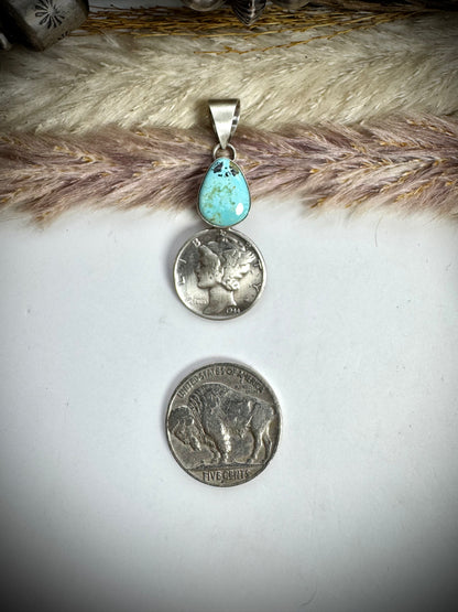 Blue Moon Turquoise and 1944 Mercury Dime Pendant