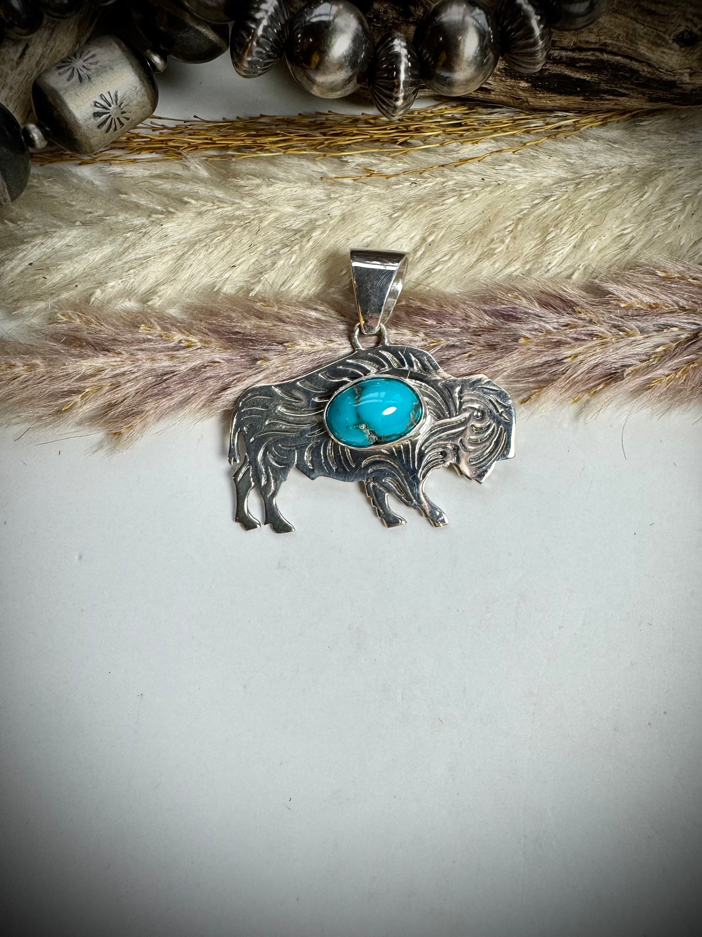 Silver Buffalo with Turquoise Stone Pendant