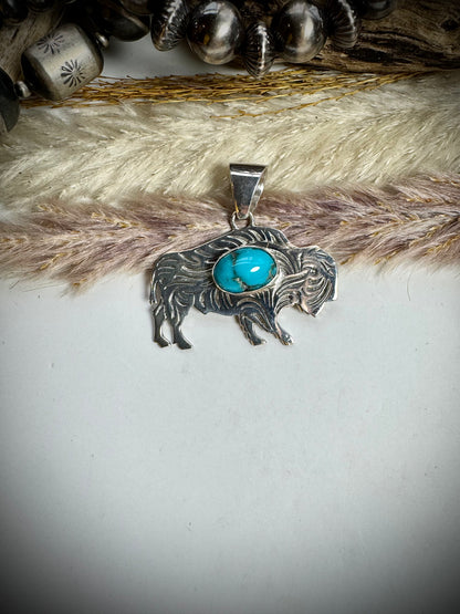 Silver Buffalo with Turquoise Stone Pendant