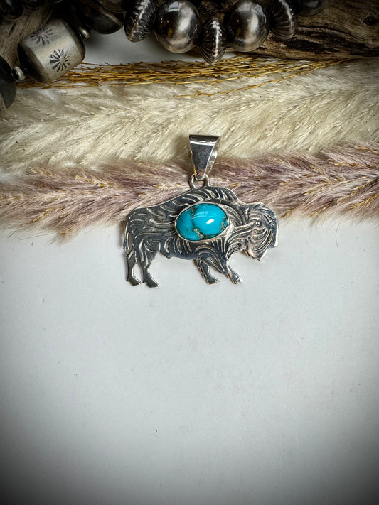 Silver Buffalo with Turquoise Stone Pendant
