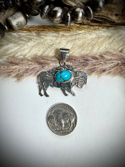 Silver Buffalo with Turquoise Stone Pendant