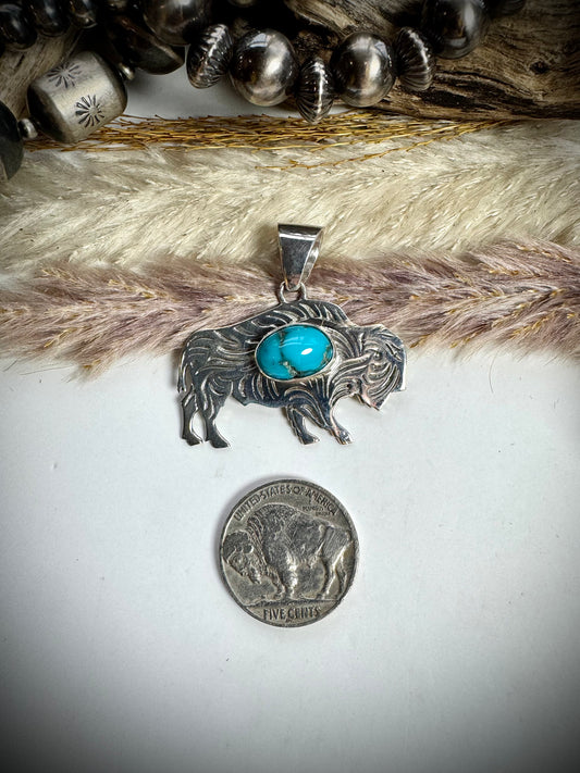 Silver Buffalo with Turquoise Stone Pendant
