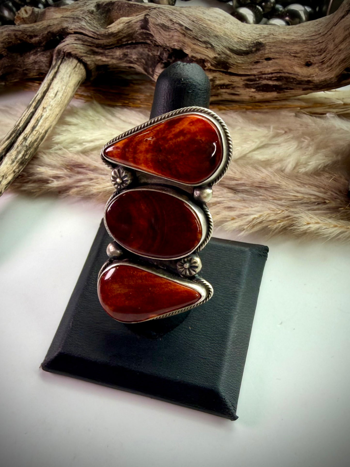 Megan's Three Stone Orange Spiny Ring (Adjustable)