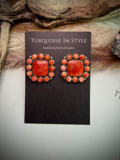 Federico Red Spiny Square Cluster Earrings