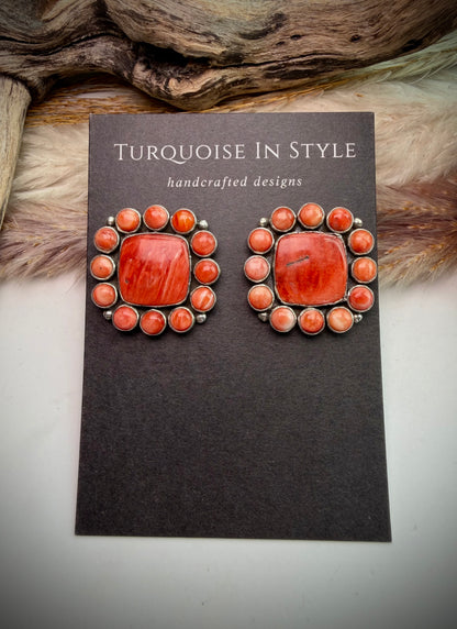 Federico Red Spiny Square Cluster Earrings