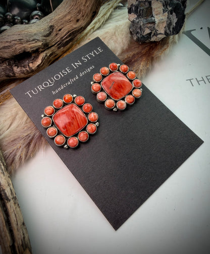 Federico Red Spiny Square Cluster Earrings