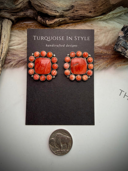 Federico Red Spiny Square Cluster Earrings