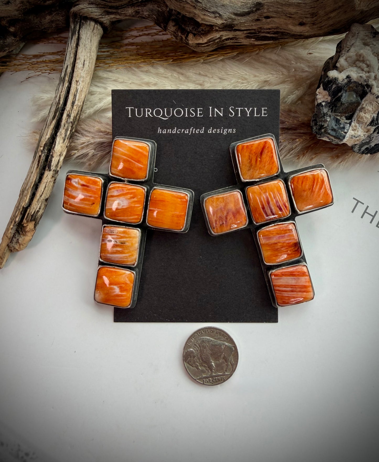 Federico Orange Spiny Cross Earrings