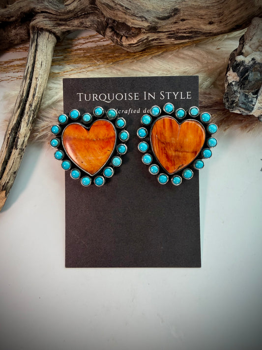Federico Orange Spiny & Turquoise Heart Earrings