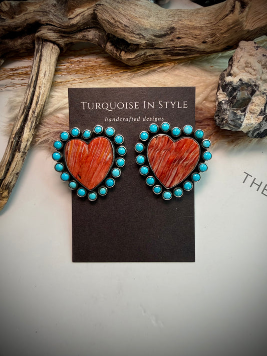 Federico Red Spiny & Turquoise Heart Earrings