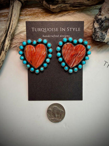 Federico Red Spiny & Turquoise Heart Earrings