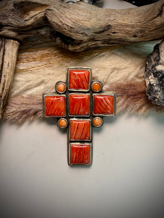 Federico Red & Orange Spiny Cross Pendant