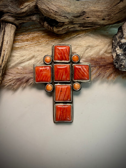 Federico Red & Orange Spiny Cross Pendant