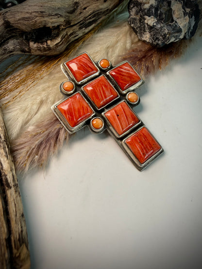 Federico Red & Orange Spiny Cross Pendant