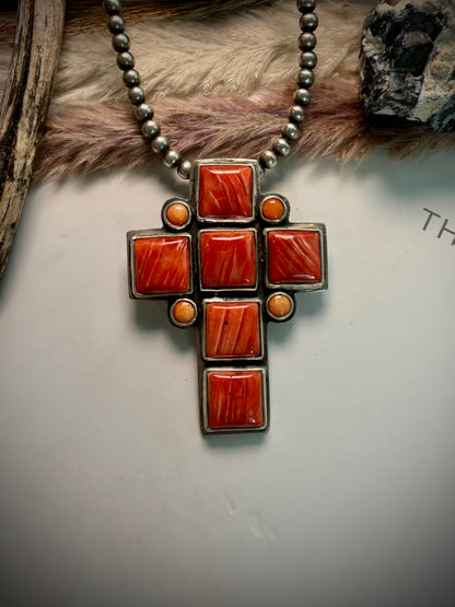 Federico Red & Orange Spiny Cross Pendant