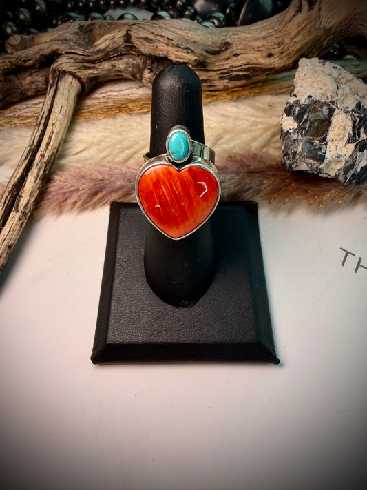 Federico Red Spiny & Turquoise Heart Ring- Adjustable