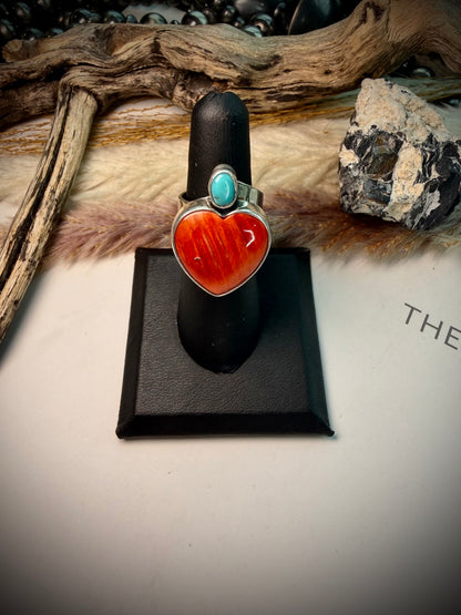 Federico Red Spiny & Turquoise Heart Ring- Adjustable