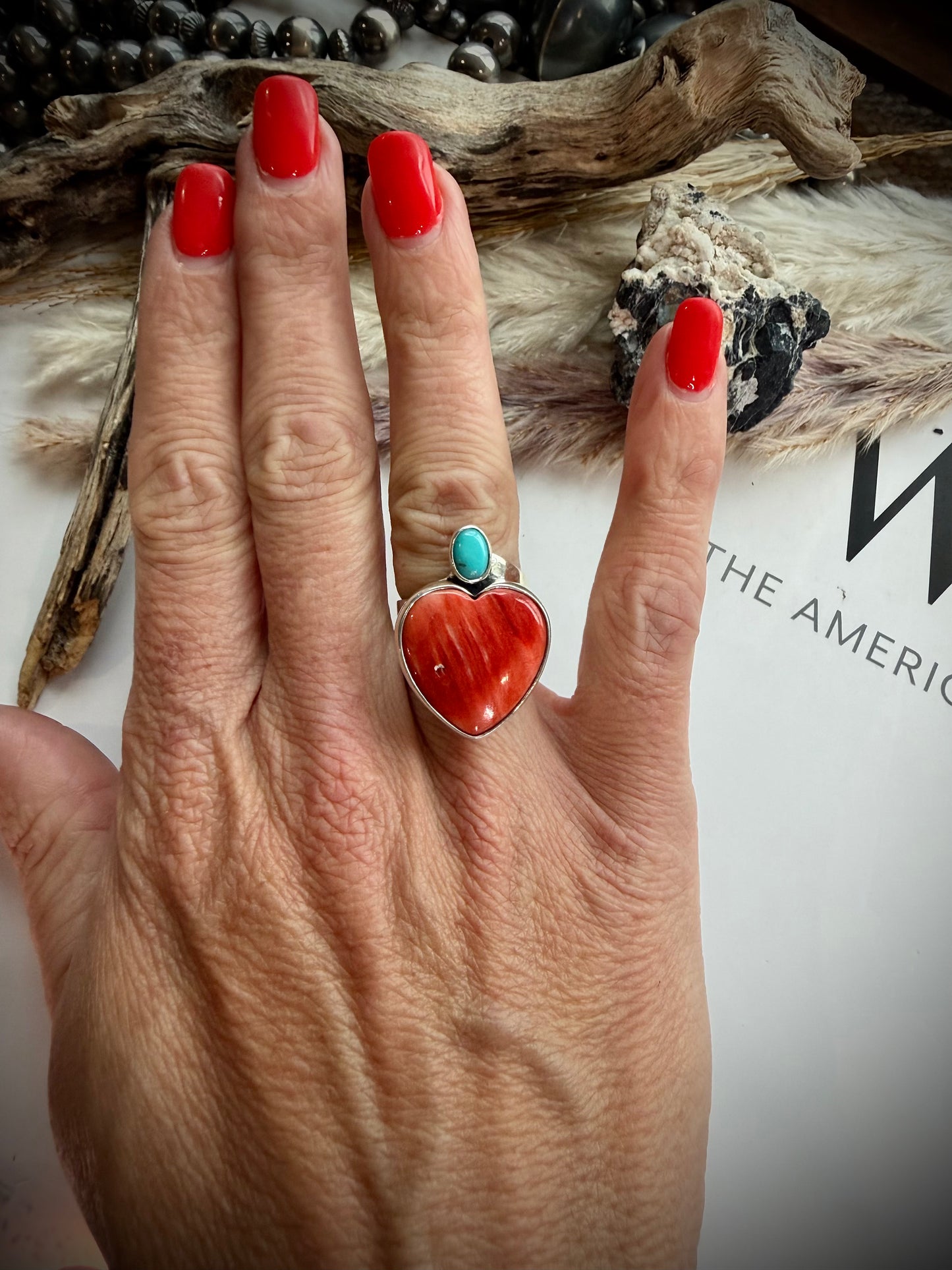 Federico Red Spiny & Turquoise Heart Ring- Adjustable