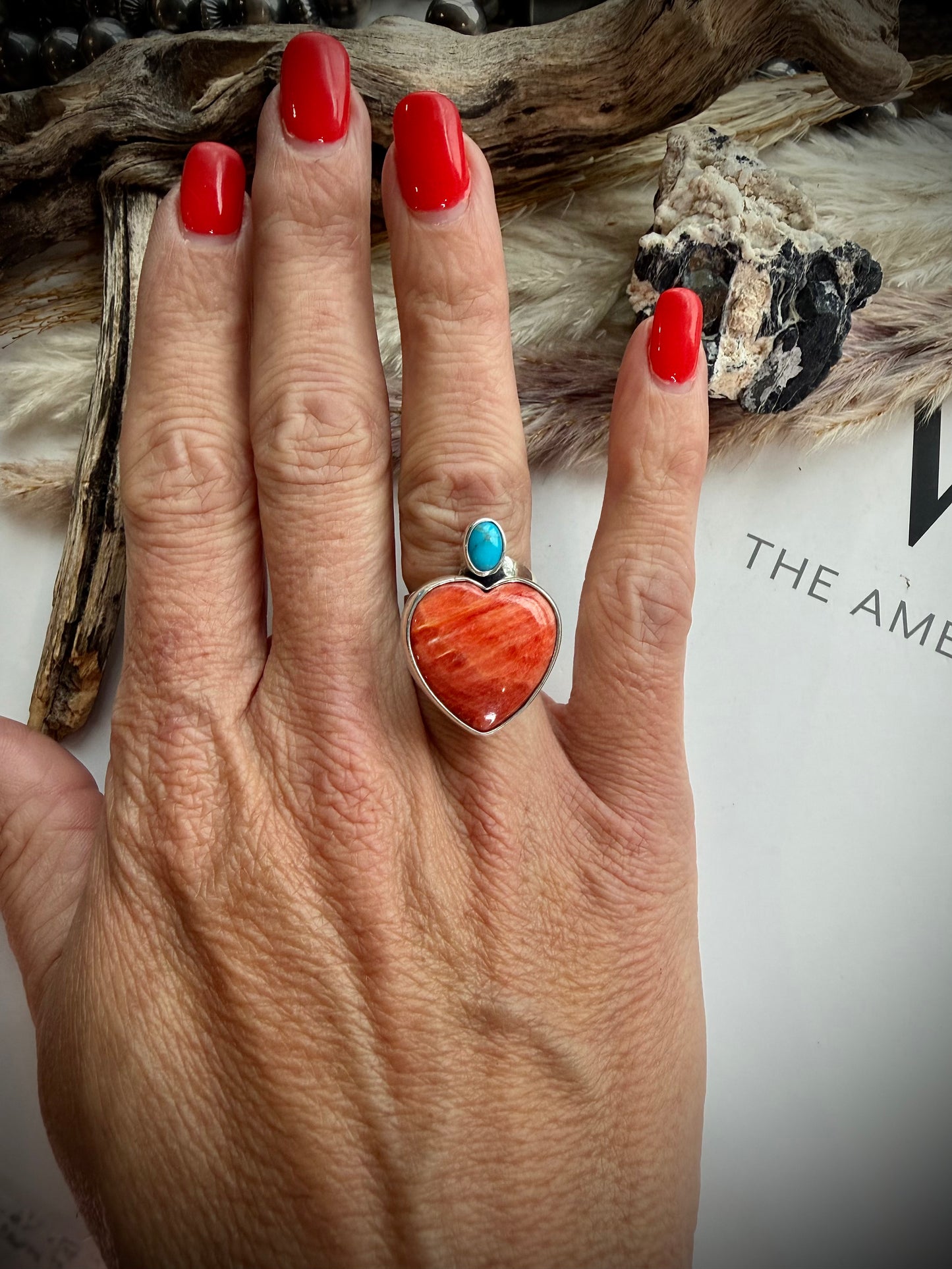 Federico Red Spiny & Turquoise Heart Ring- Adjustable
