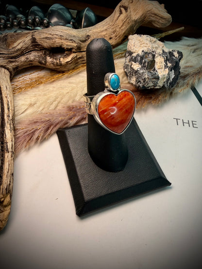 Federico Red Spiny & Turquoise Heart Ring- Adjustable