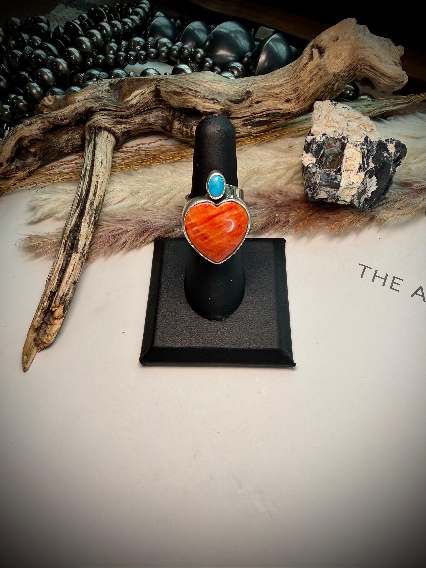 Federico Red Spiny & Turquoise Heart Ring- Adjustable