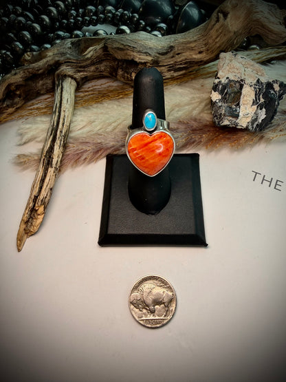 Federico Red Spiny & Turquoise Heart Ring- Adjustable