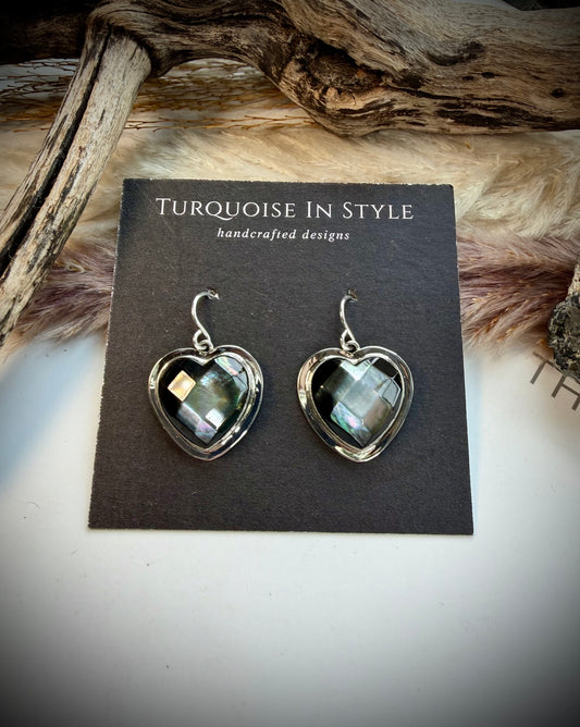 Faceted Abalone Heart Dangle Earrings by R Grace