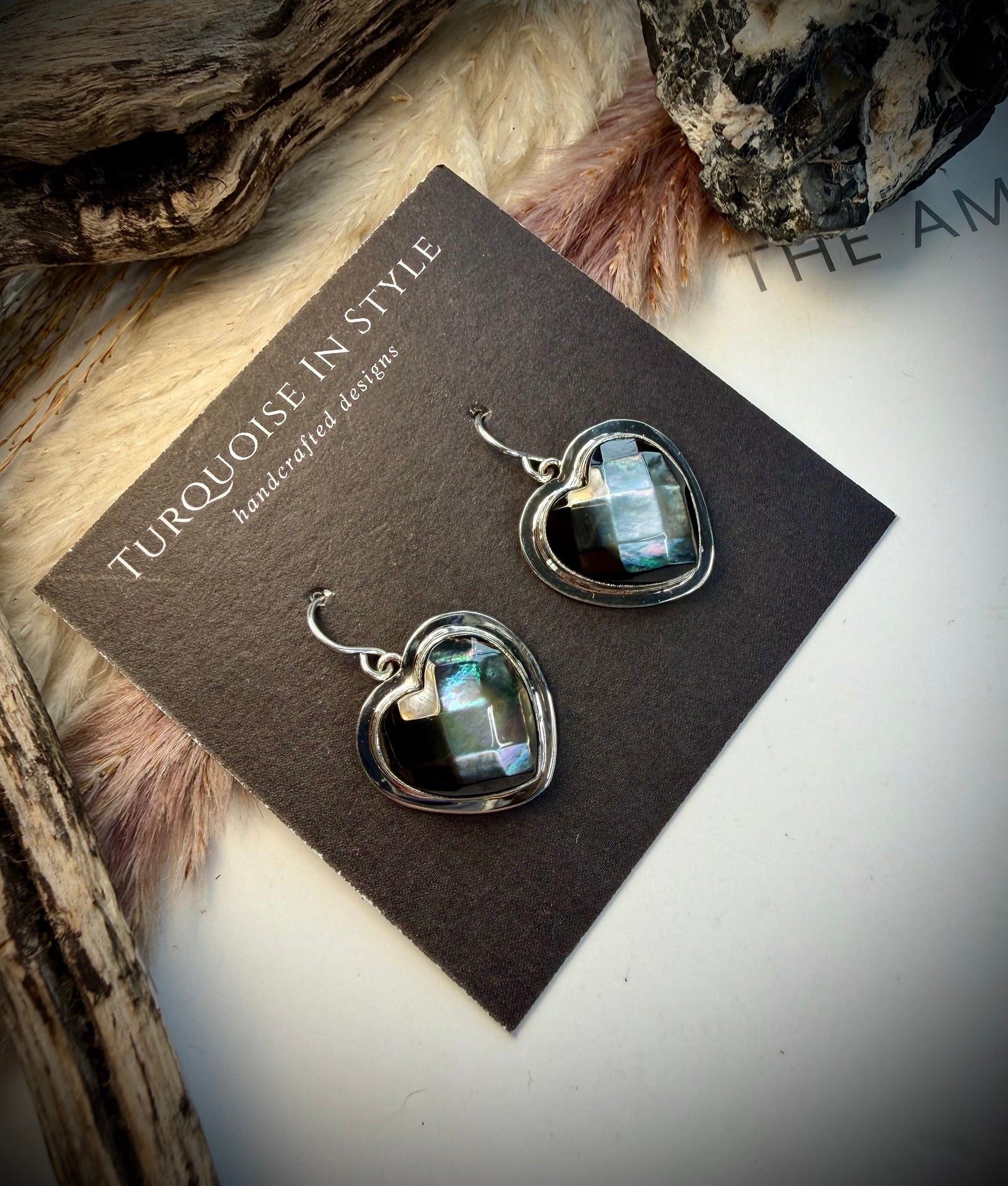 Faceted Abalone Heart Dangle Earrings by R Grace