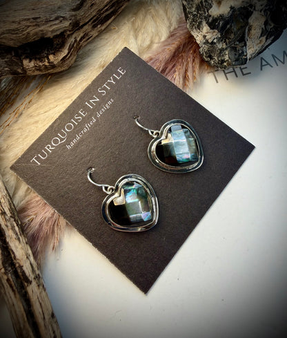 Faceted Abalone Heart Dangle Earrings by R Grace