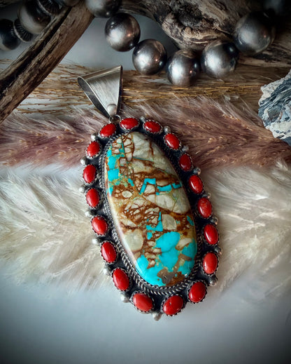 Boulder Turquoise & Red Coral Cluster Pendant