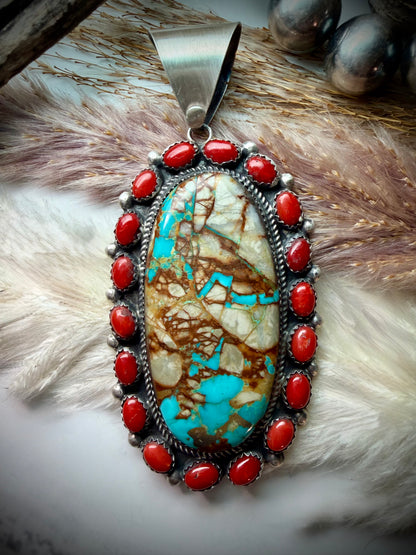 Boulder Turquoise & Red Coral Cluster Pendant