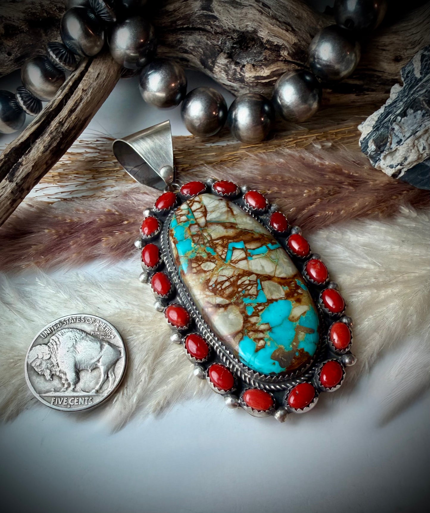Boulder Turquoise & Red Coral Cluster Pendant