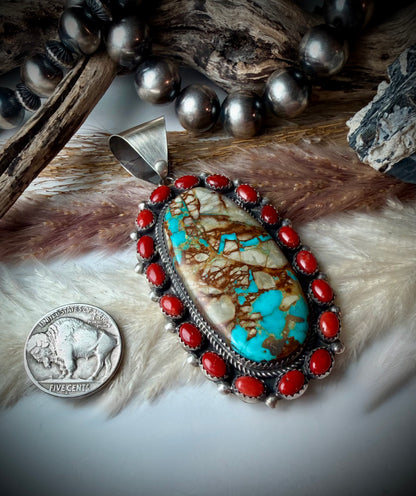 Boulder Turquoise & Red Coral Cluster Pendant