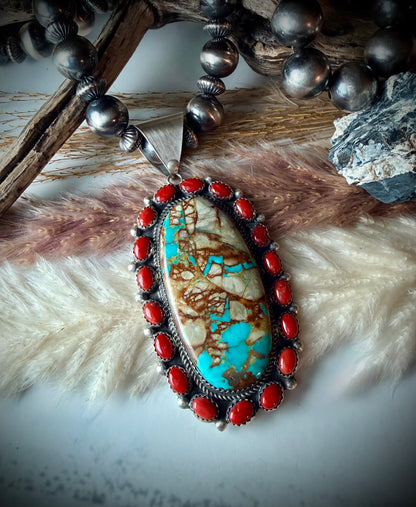 Boulder Turquoise & Red Coral Cluster Pendant