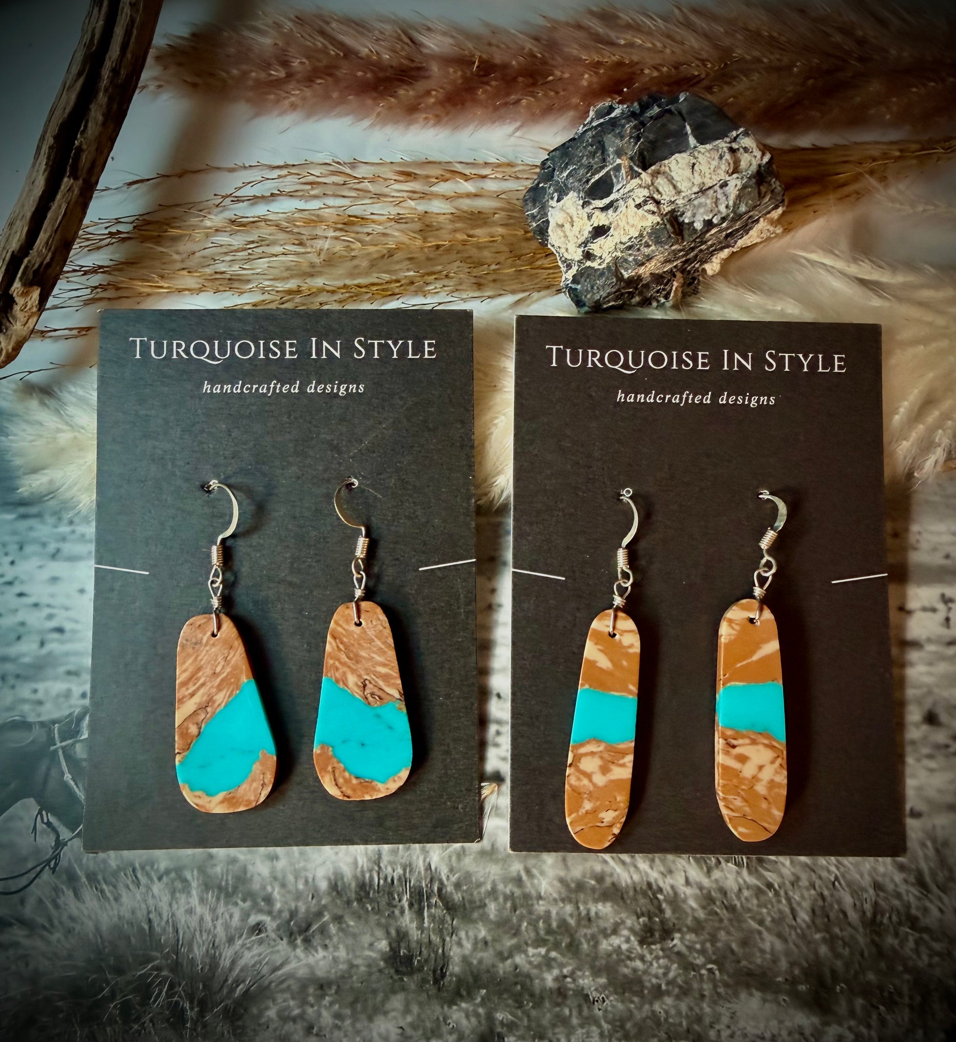 Turquoise earrings on 'Turquoise In Style' branded cards with a natural background.