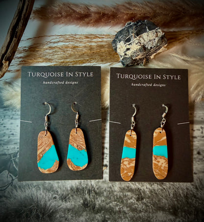 Turquoise earrings on 'Turquoise In Style' branded cards with a natural background.