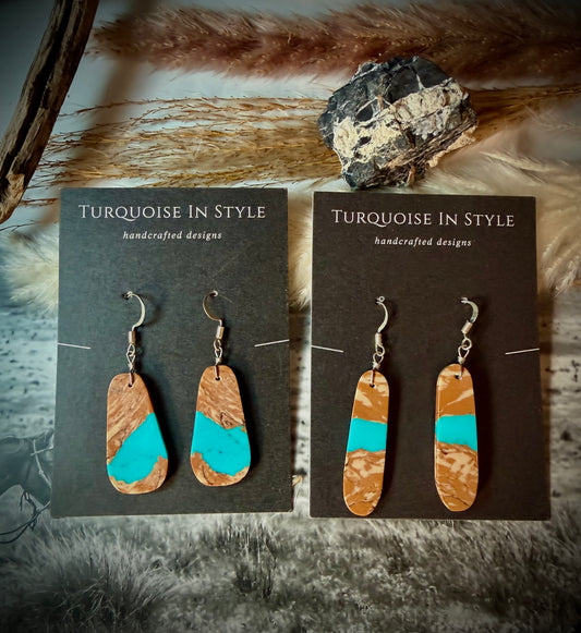 Turquoise earrings on 'Turquoise In Style' branded cards with a natural background.