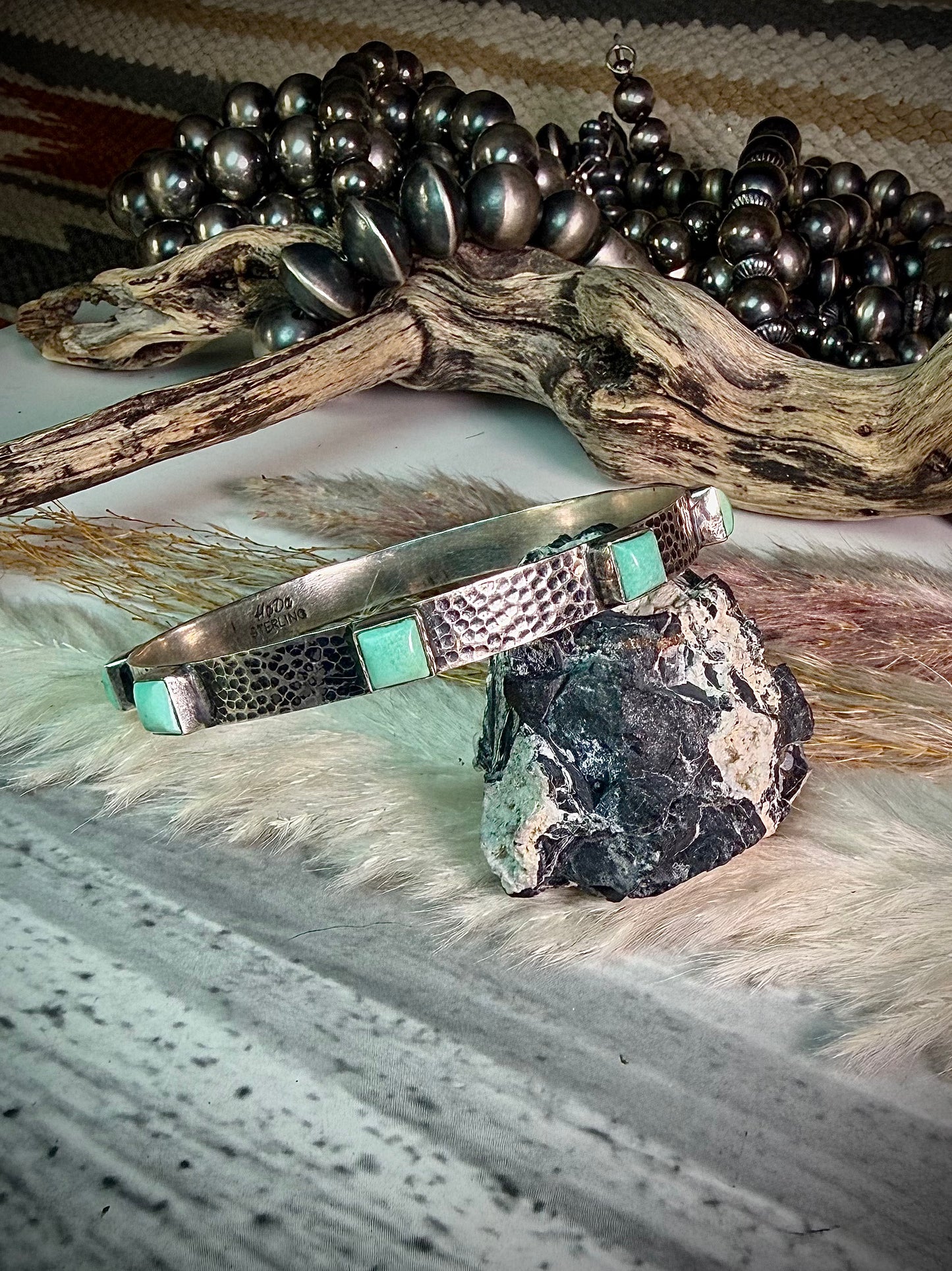 Hammered Silver Bangle Bracelet- Green