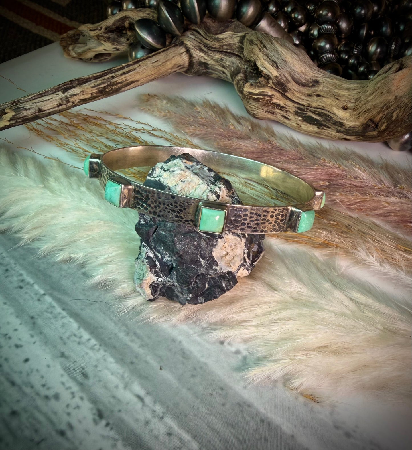 Hammered Silver Bangle Bracelet- Green