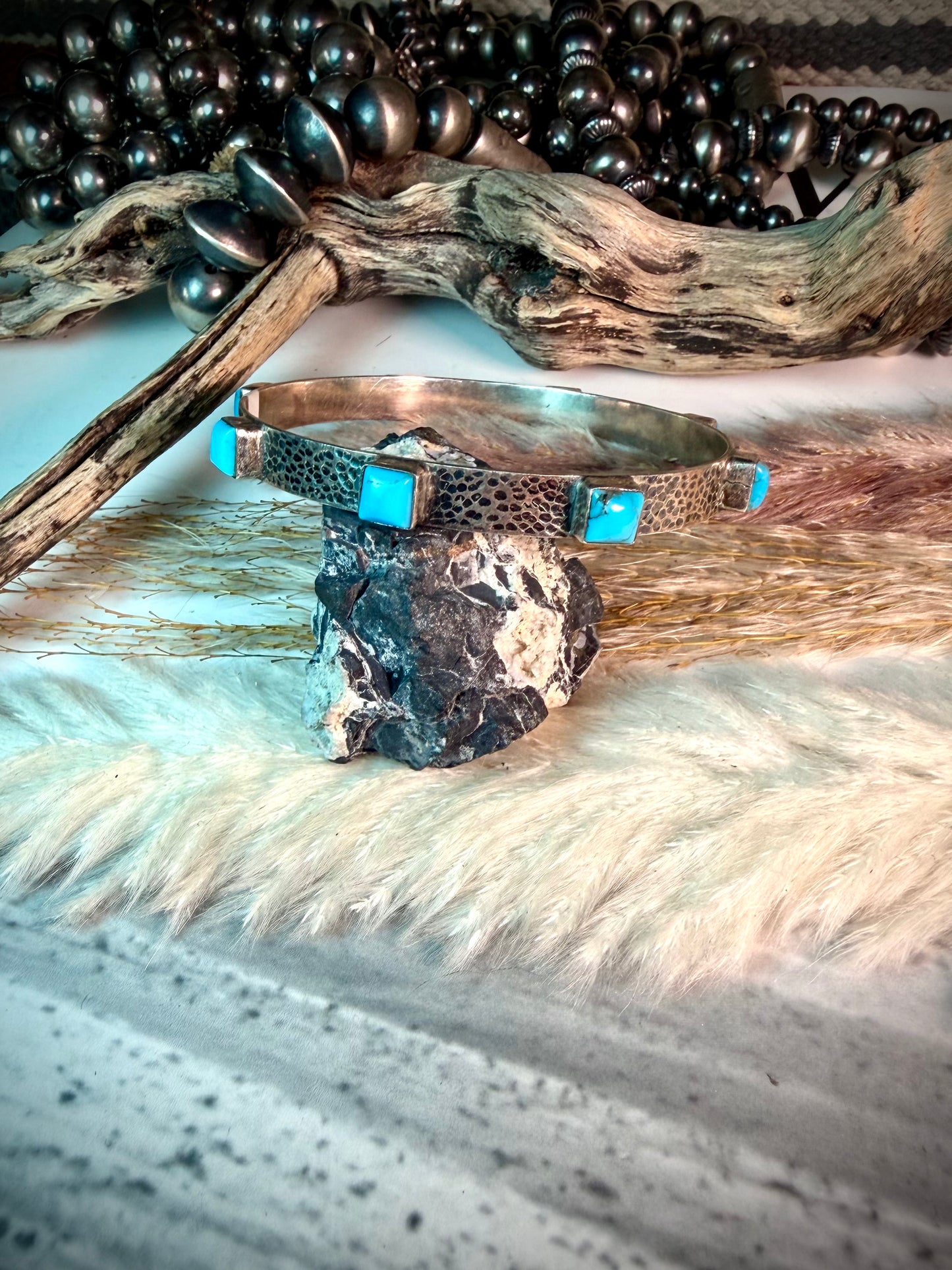 Hammered Silver Bangle Bracelet- Blue