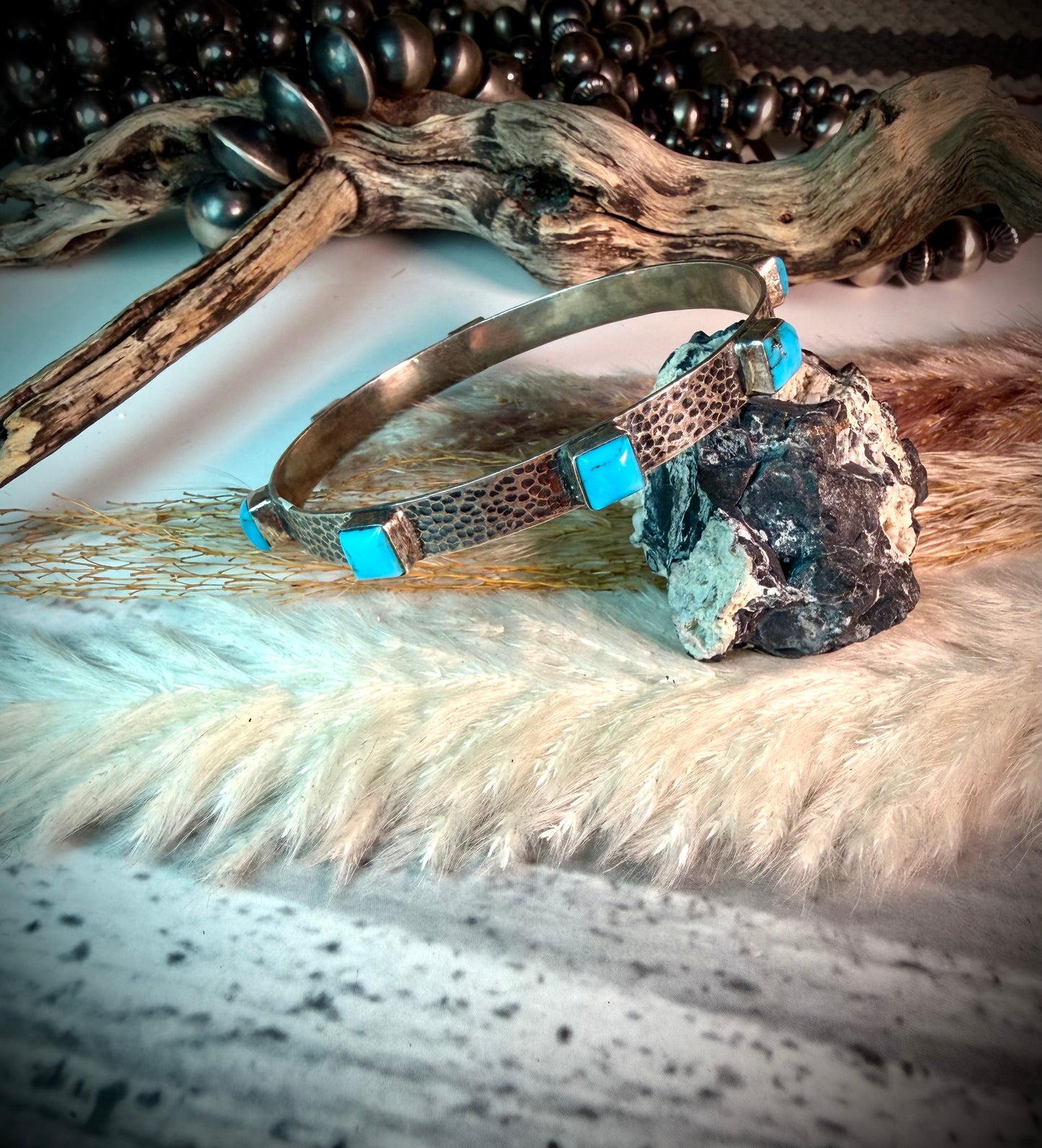 Hammered Silver Bangle Bracelet- Blue