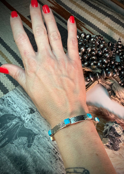 Hammered Silver Bangle Bracelet- Blue