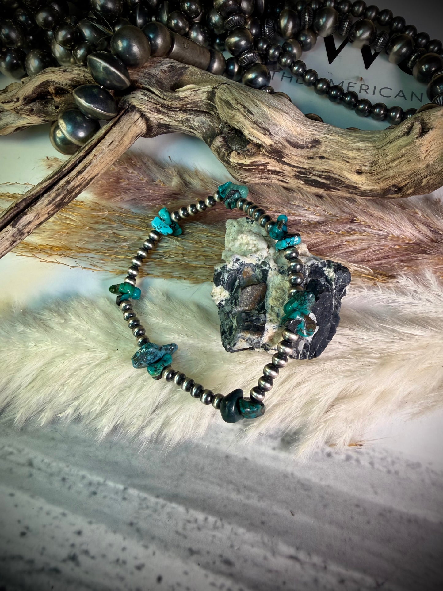 4mm Pearl and Blue Turq Chip Stretch Bracelet